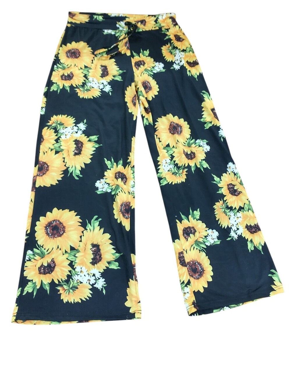 Black Sunflower Print Wide-Leg  Pants